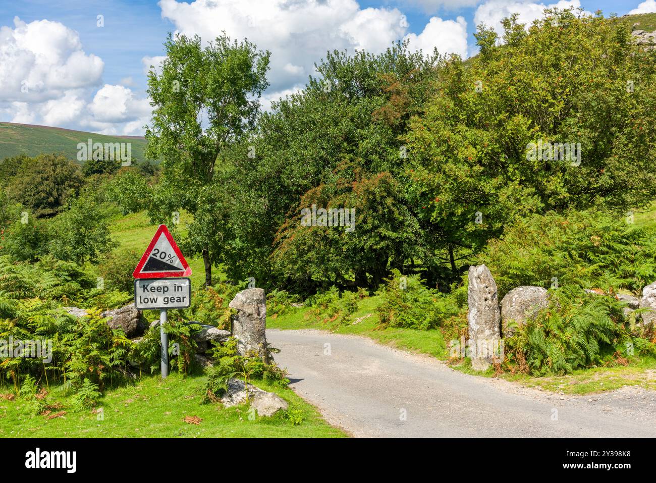 Una pendenza ripida e mantenere il cartello con la marcia bassa su una corsia di campagna su Bonehill, giù nel Dartmoor National Park, Devon, Inghilterra. Foto Stock