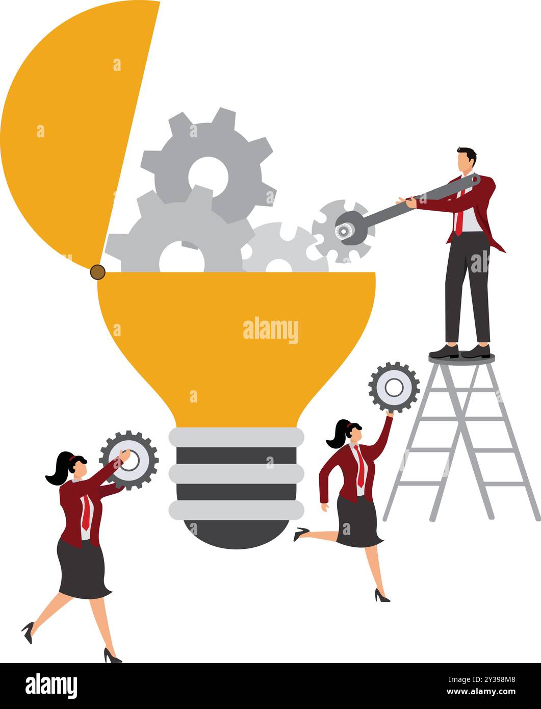 Lampadina con ingranaggi, lavoro di squadra, sviluppo di prodotti, ricerca e ottimizzazione per il processo di sviluppo al fine di lanciare nuovi prodotti, gestione dei progetti Illustrazione Vettoriale