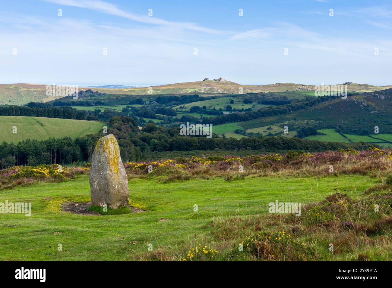 Il memoriale della seconda guerra mondiale su Hamel Down per commemorare lo schianto di un bombardiere della RAF 49 Squadron sul sito il 21 marzo 1941. Dartmoor National Park vicino a Widecombe-in-the-Moor, Devon, Inghilterra. Foto Stock