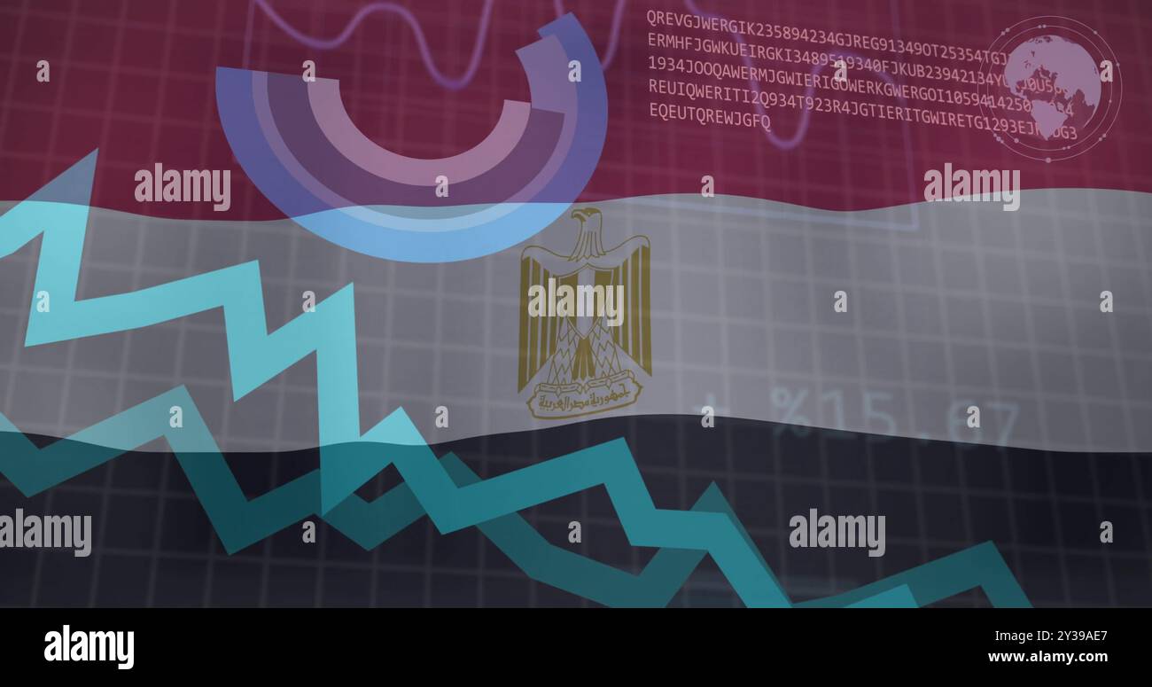Grafico finanziario in aumento e grafico a torta sulla bandiera egiziana e sulla mappa mondiale Foto Stock