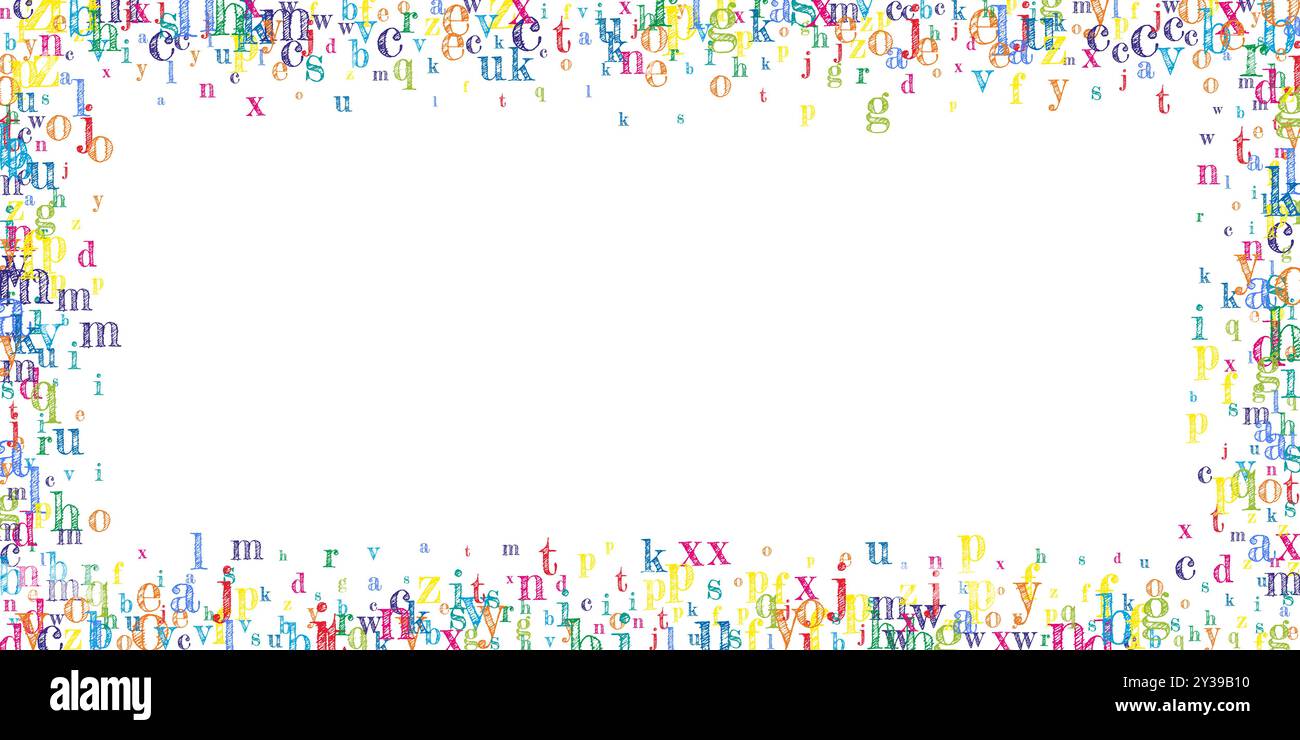 Lettere di lingua inglese cadenti. Coloratissimi caratteri volanti infantili in alfabeto latino. Concetto di studio delle lingue straniere. Banner di ritorno a scuola su sfondo bianco. Illustrazione Vettoriale