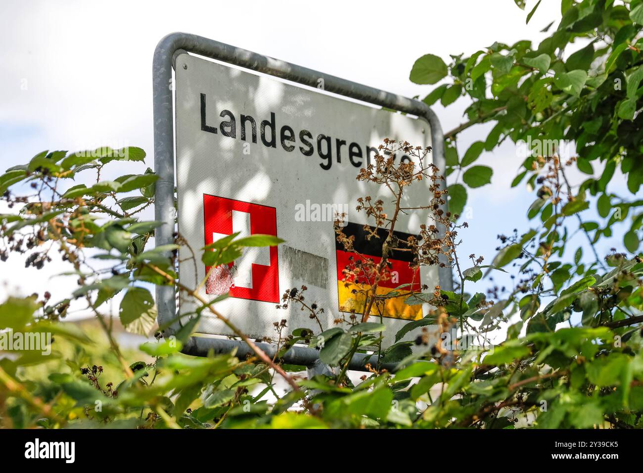 Landesgrenze Schweiz - Deutschland, Symbolbild, Grenzübergang, Grenzschild, internationale Grenze, Staatsgrenze, Grenzkontrolle, Natur, Grenzmarkierung, Schweiz-Deutschland Grenze, EU-Außengrenze, Schengen-Raum, Grenzgebiet, Grenze im Grünen, grenzüberschreitender Verkehr, Politisches Symbol, Grenzregion *** confine nazionale Svizzera Germania, immagine simbolica, valico di frontiera, segnale di frontiera, confine internazionale, frontiera nazionale, controllo di frontiera, natura, marcatura di frontiera, frontiera Svizzera-Germania, frontiera esterna dell'UE, area Schengen, zona di frontiera, confine nelle campagne, traffico transfrontaliero, pol Foto Stock