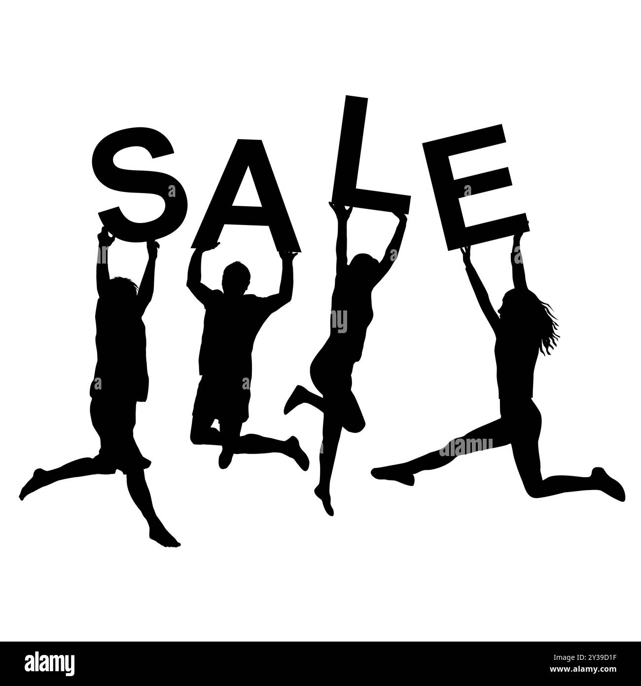Concept di VENDITA con silhouette nere di persone felici che saltano e tengono in mano lettere DI VENDITA Illustrazione Vettoriale