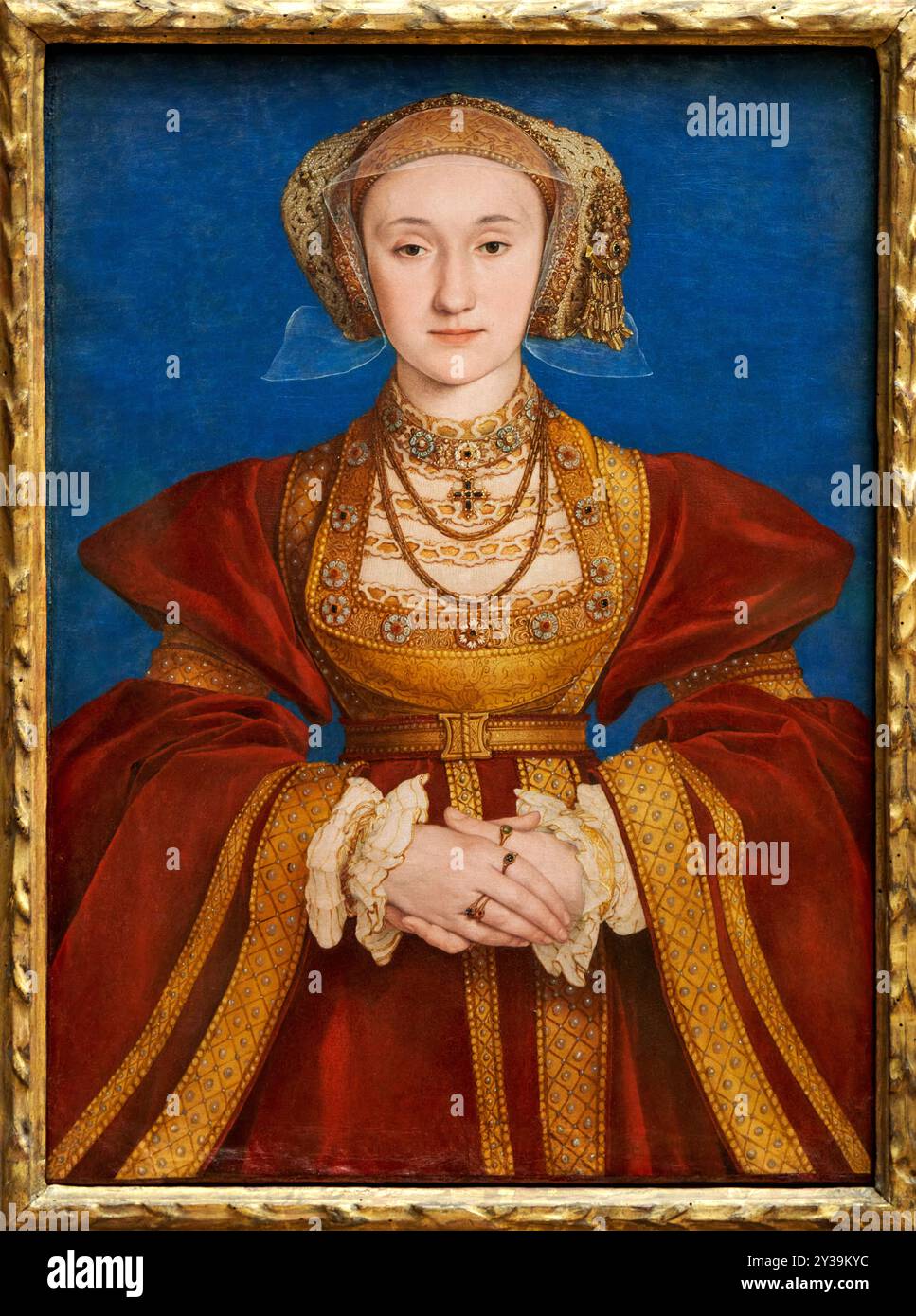 Ritratto di Anna di Cleves (1515-1557), quarta moglie di Enrico VIII, re d'Inghilterra (regnante 1509-1547), olio su pergamena montato su tela, 1539, Han Foto Stock