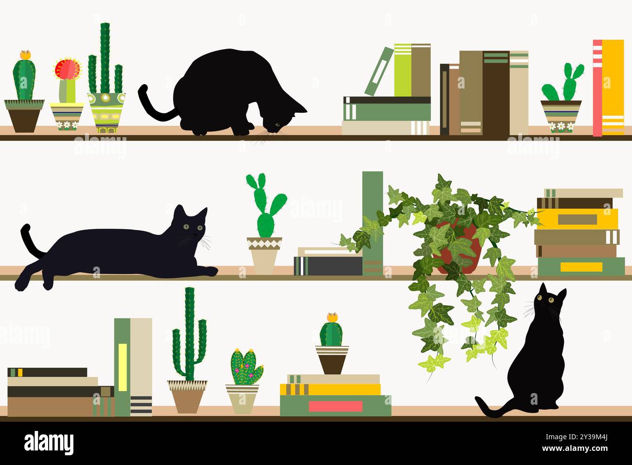 Scaffali con libri, vasi di cactus e gatti neri Illustrazione Vettoriale