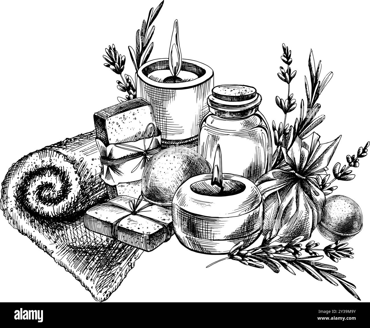 Cosmetici lavanda fatti a mano, barattoli, sali, sapone, bombe, candele, fiori e foglie su un asciugamano. Illustrazione disegnata a mano con grafica grafica grafica in nero Illustrazione Vettoriale
