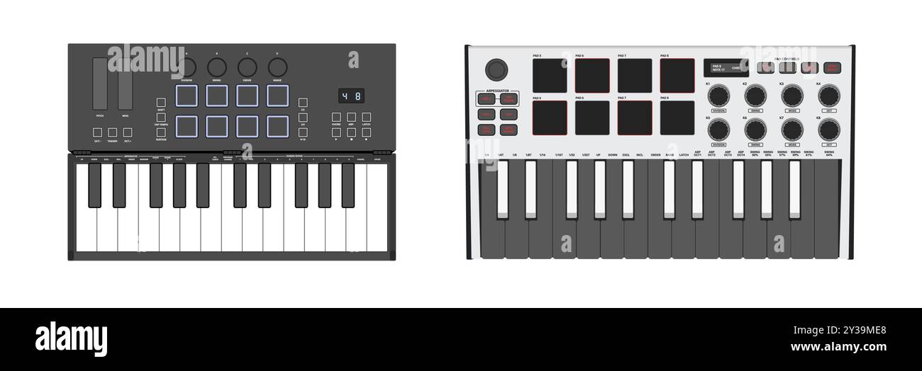 Strumento musicale digitale. Sintetizzatore realistico, controller Midi. Due ottave di tasti, pad e pulsanti. Illustrazione Vettoriale