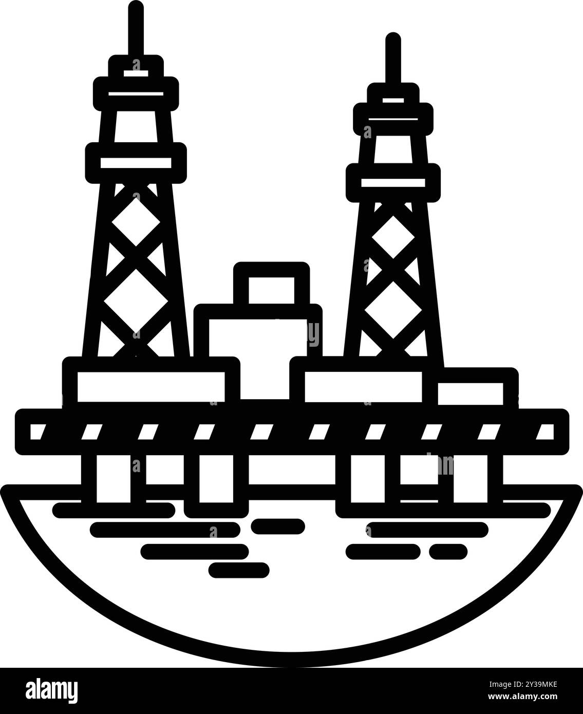 Un disegno in bianco e nero di una grande piattaforma petrolifera con una torre in bianco e nero Illustrazione Vettoriale