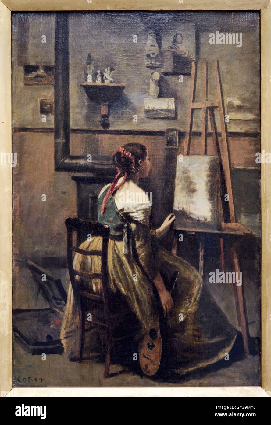 Studio di Corot. Giovane donna seduta davanti a un cavalletto, circa 1865-1870, olio su tela, Jean-Baptiste Camille COROT, Parigi, 1796 - 1875, Musée du Louvre Foto Stock