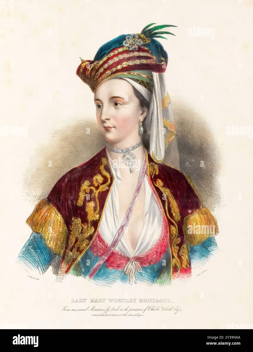 Lady Mary Wortley Montagu (nata Pierrepont, 1689-1762), aristocratica inglese, pioniera della medicina, scrittrice, e poeta, stampa litografica a mano di Achille Devéria dopo Christian Friedrich Zincke, 1830-1839 Foto Stock