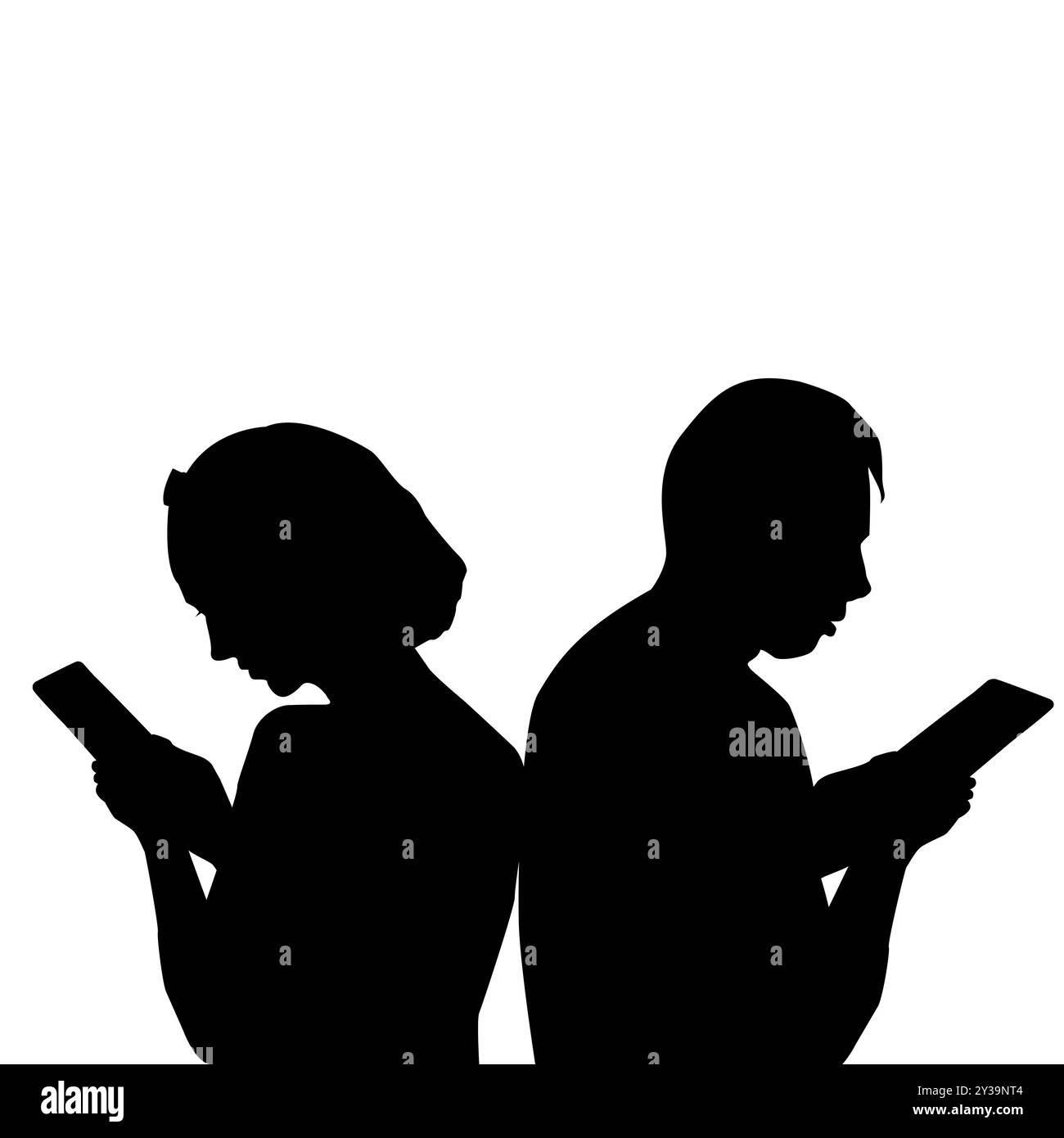 Una giovane coppia che chatta sullo smartphone mentre si allena. Navigare su Internet, comunicare online, concetto di dipendenza da Gadget Illustrazione Vettoriale