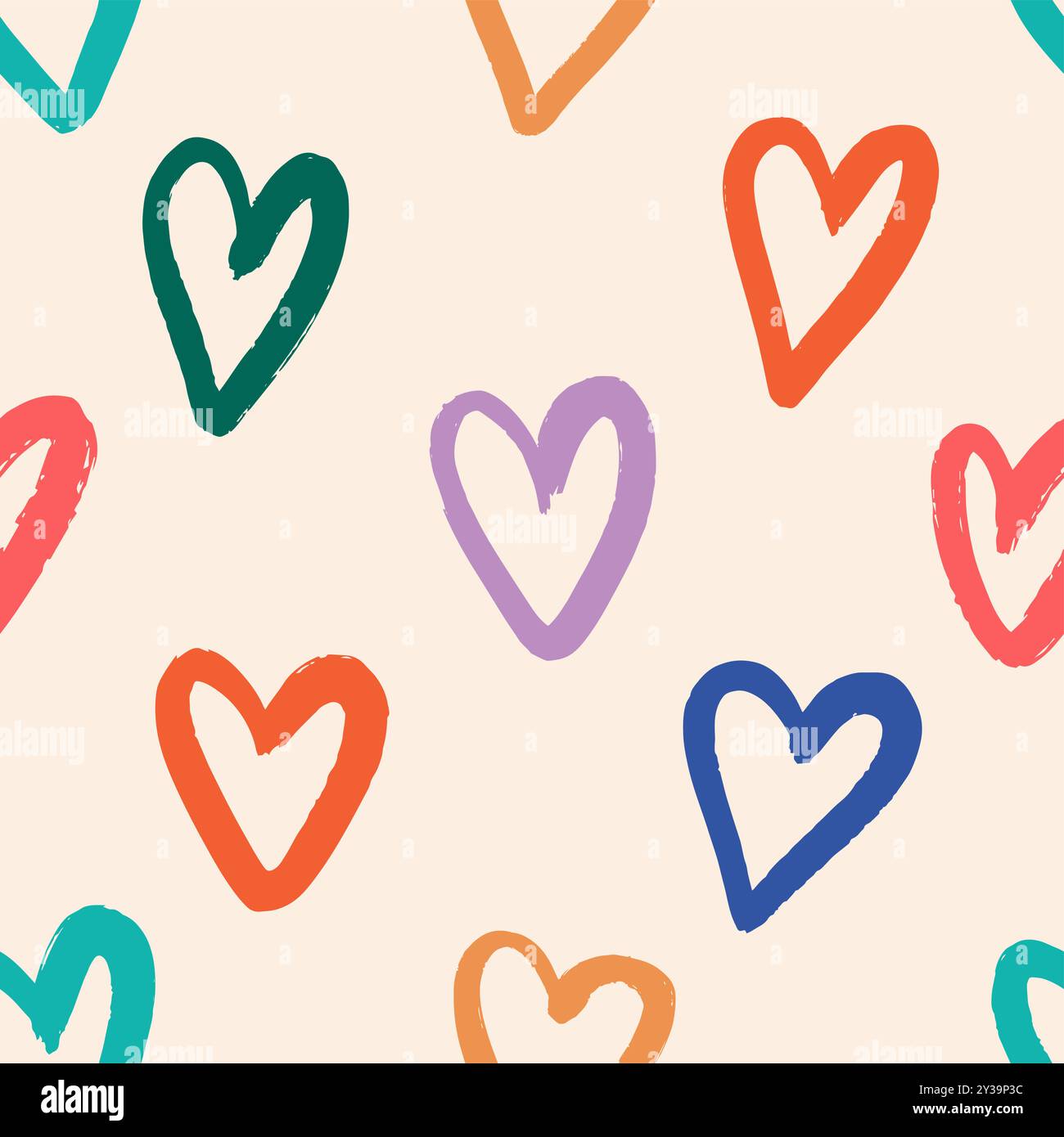 Fantasia semplice e giocosa con Doodle Hearts. Sfondo moderno e colorato alla moda per i bambini. Stile boho alla moda su sfondo beige. Illustrazione Vettoriale