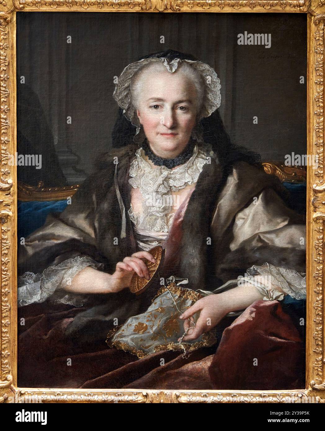 Madame Dangé Making Knots, Ritratto di Anne Jarry, moglie del generale contadino Dangé du Fay, 1753, olio su tela, Louis TOCQUE, Parigi, 1696 - 1772, Mu Foto Stock