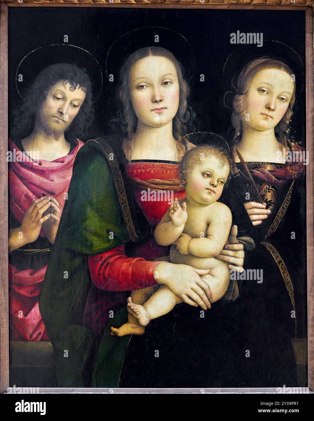 La Vergine col bambino tra San Giovanni Battista e Santa Caterina d'Alessandria, dipinto su tavola (pioppo), circa 1500, Pietro DI CRISTOFORO va Foto Stock