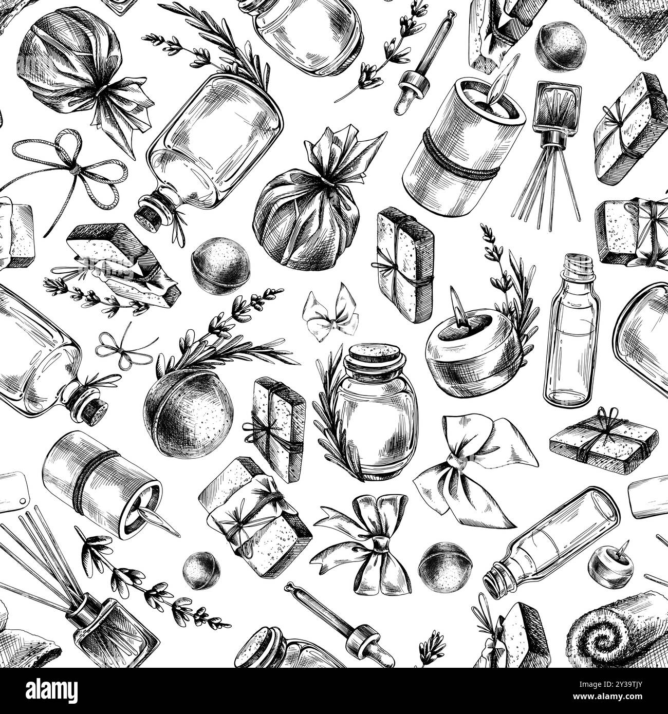 Cosmetici lavanda fatti a mano, barattoli, candele, aroma, sapone, sali, decorazioni, fiocchi, fiori, cestini. Illustrazione disegnata a mano con linea grafica Illustrazione Vettoriale