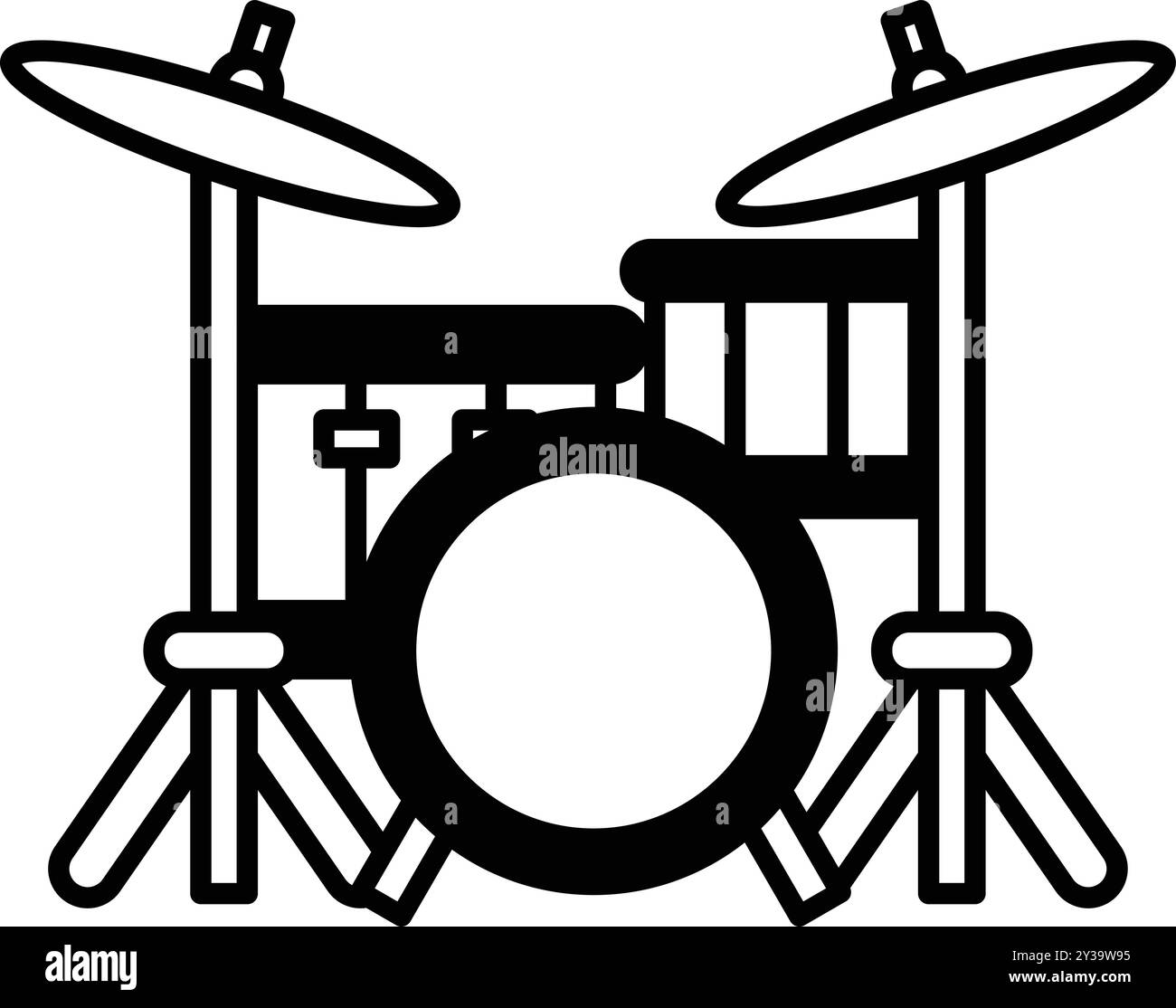 Un disegno di cartone animato di un set di tamburi con una testa di tamburo in bianco e nero. Il set di tamburi è mostrato con uno schema di colori blu e rosso Illustrazione Vettoriale