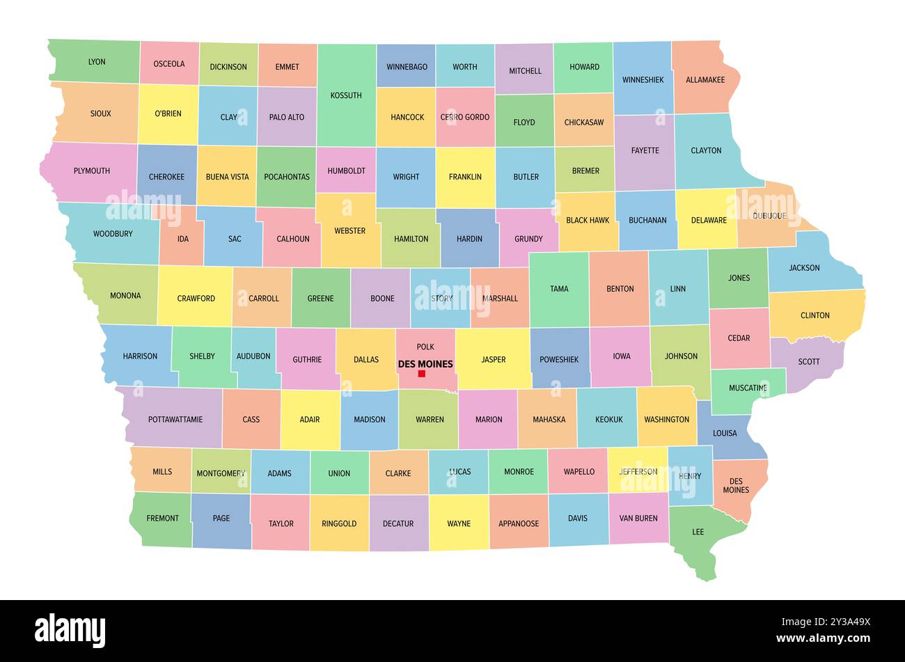 Iowa, stato degli Stati Uniti, suddiviso in 99 contee, mappa politica multicolore con la capitale Des Moines, confini e nomi di contea. Foto Stock