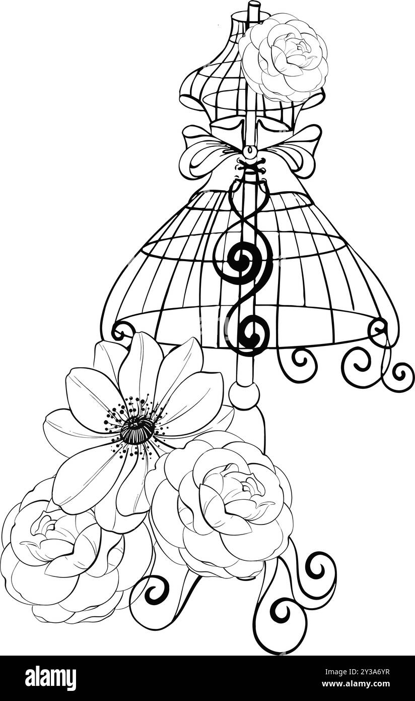 Manichino vintage con composizione floreale - rose e anemone. Vecchio stile, sarto. Romantico ed elegante cucito e sartoriale per cartoline Illustrazione Vettoriale