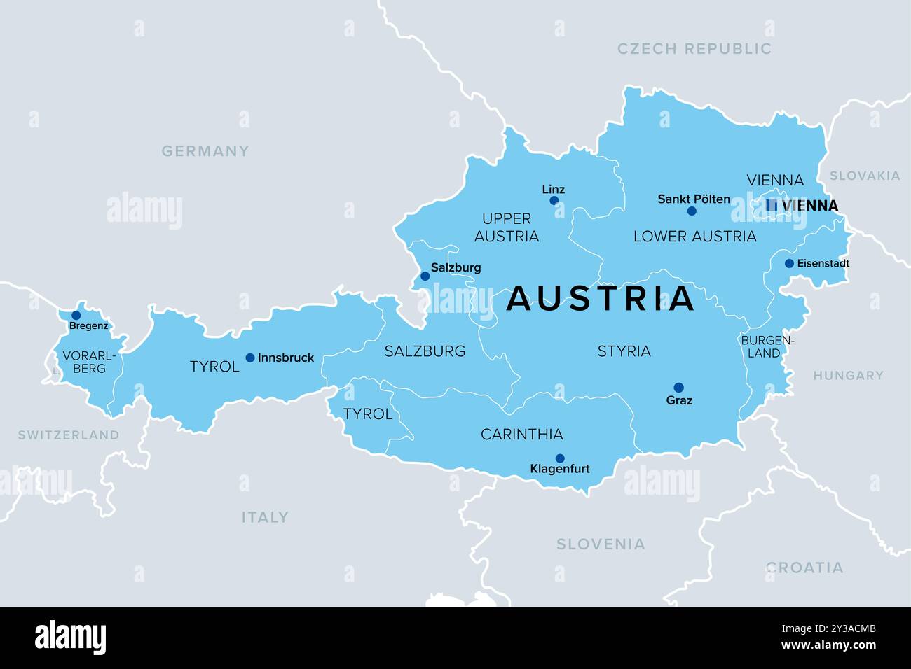 Austria con gli stati federali, mappa politica blu. La Repubblica d'Austria, un paese senza sbocco sul mare dell'Europa centrale, con capitale Vienna. Foto Stock