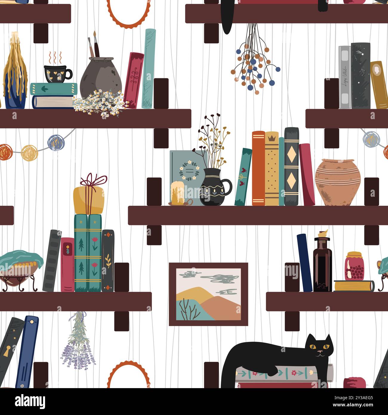 Motivo senza cuciture con libri d'epoca, gatto, tazza per bevande calde e diverse cose retrò. Interni vecchi e misteriosi. Sfondo del muro dei libri in piedi. Casa Illustrazione Vettoriale