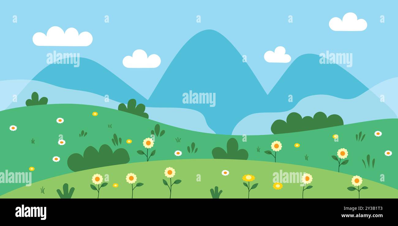 Arbusti e paesaggi montani in stile piatto. Illustrazione vettoriale delle colline verdi primaverili su sfondo isolato. Natura con fiori e piante segno Illustrazione Vettoriale