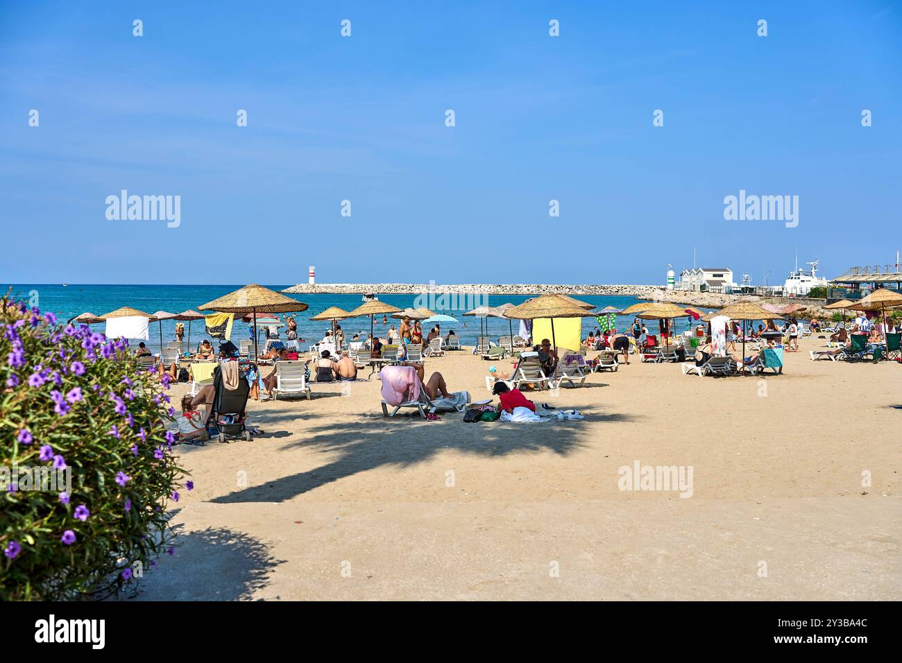 Kusadasi, Turchia - 1 settembre 2024: Spiaggia vivace a Kusadasi, Turchia, a Belediye Plaji con molti vacanzieri che si godono il sole e il mare in estate *** Belebter Strand a Kusadasi, Türkei, am Belediye Plaji mit vielen Urlaubern, Die Sonne und Meer im Sommer genießen Foto Stock