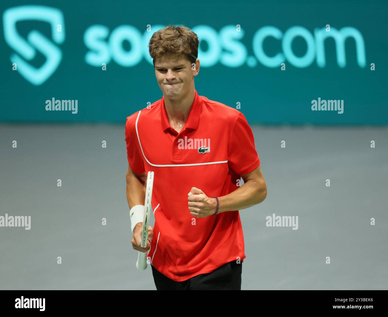 Bologna, Italia. 13 settembre 2024. Il belga Alexander Blockx reagisce durante una partita tra l'italiano Berrettini e il belga Blockx, la prima partita nel girone A delle finali di Coppa Davis tra Italia e Belgio, venerdì 13 settembre 2024, all'Unipol Arena di Bologna. BELGA PHOTO BENOIT DOPPAGNE credito: Belga News Agency/Alamy Live News Foto Stock