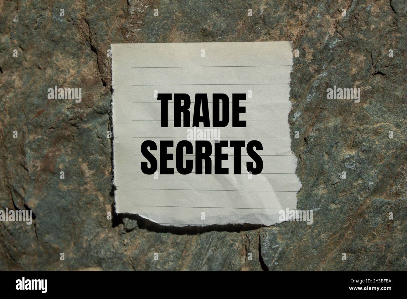 Messaggio segreto commerciale scritto su un pezzo di carta strappato con sfondo in pietra. Simbolo dei segreti commerciali concettuali. Copia spazio. Foto Stock