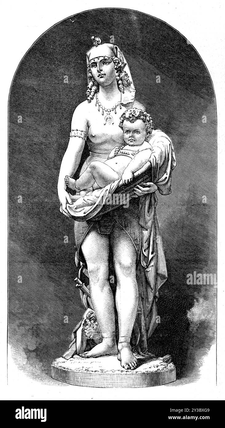 "Presentazione del bambino Mosè" di F. Barzeghi, di Milano, alla Mostra Internazionale del 1871. "Abbiamo inciso... una delle opere di scultura più approvate, di un artista straniero. L'atteggiamento aggraziato, inalterato e molto naturale della donna egiziana che tiene la bambina tra le braccia è stato notato con un giusto encomio. C'è qualche motivo per congratularsi con gli italiani per il miglioramento delle loro opere in questo ramo d'arte dalla Mostra del 1862; ma non sembrano aver fatto altrettanto in quella della pittura. La difficile condizione politica e sociale del nuovo Foto Stock