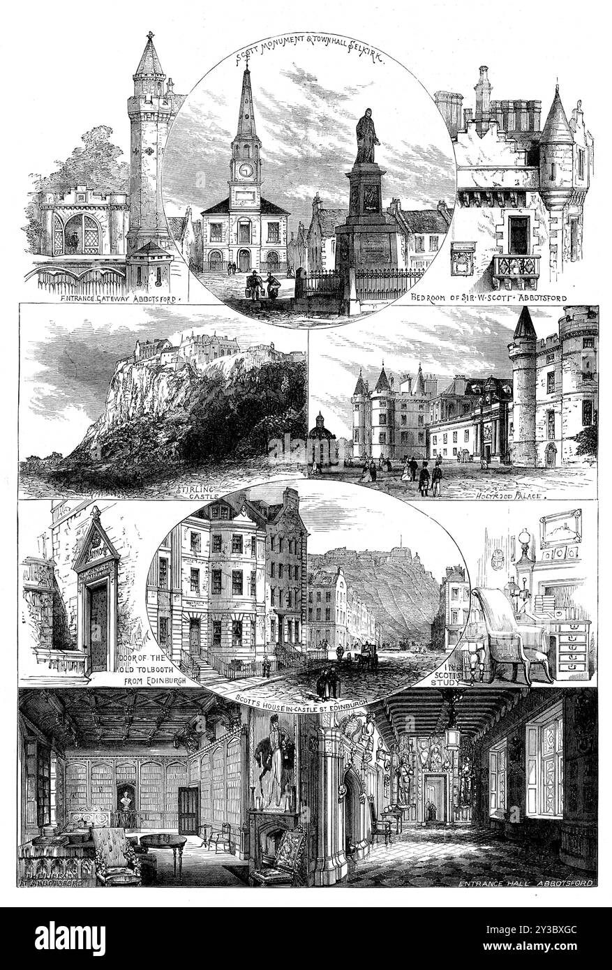 The Scott Centenary Festival: Places Associated with [Sir Walter] Scott's Life and Works, 1871. Incisioni di '...l'interno della sala e della biblioteca di Abbotsford [la casa di Scott], e del cancello d'ingresso; la finestra della camera da letto di Sir Walter in quella signorile residenza, dove ogni giorno si alzava all'ora presto per scrivere i pensieri freschi che gli venivano in mente la mattina; la casa cittadina, No. 39, Castle-Street, Edimburgo, che occupava cinque mesi ogni anno, quando era tenuto lì dai suoi doveri ufficiali; la porta della vecchia prigione di Edimburgo, o Tolbooth, chiamava "il cuore di Mid-Lothian,&q Foto Stock