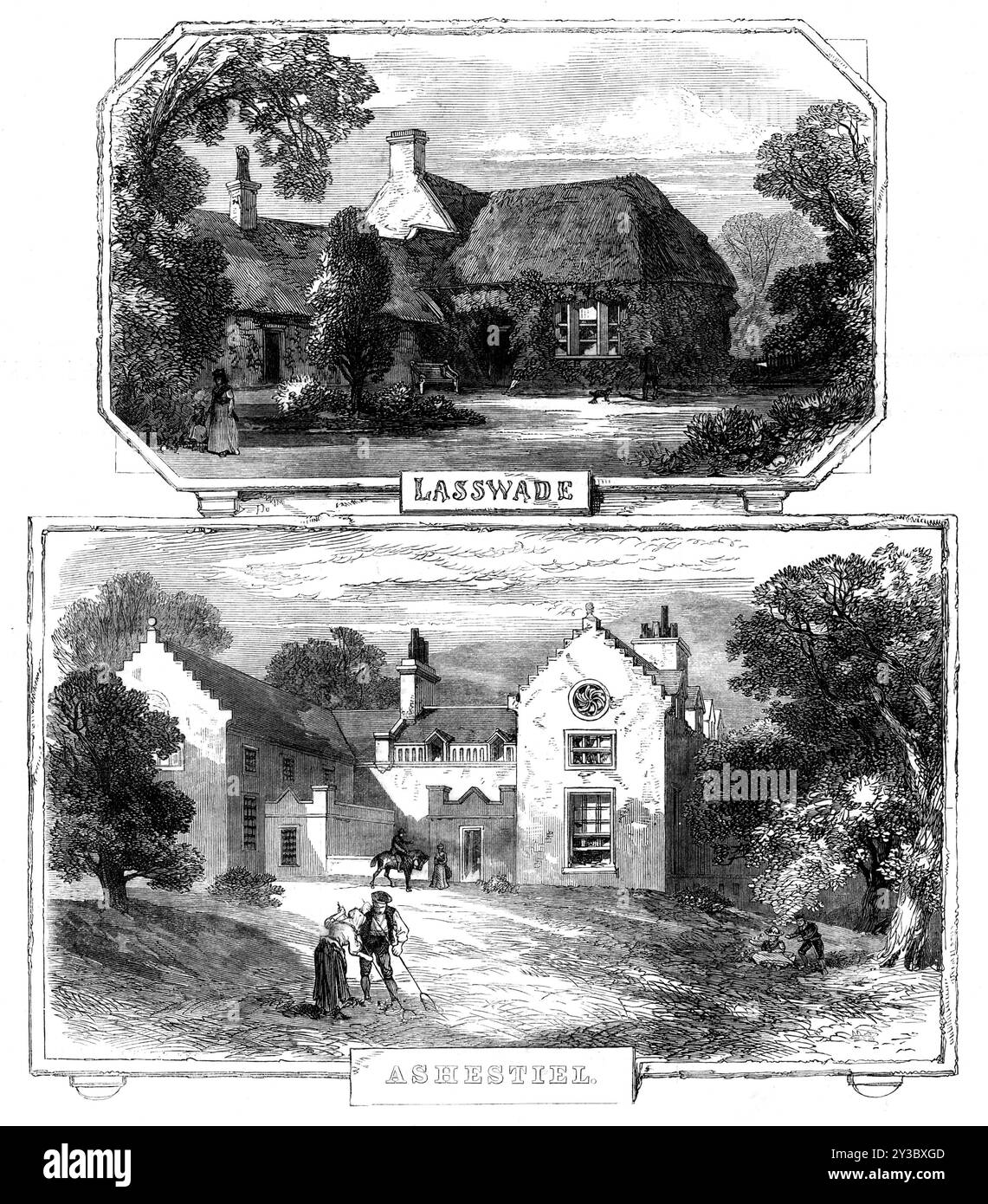 The Scott Centenary - Lasswade; Ashestiel, 1871. Case occupate dallo scrittore scozzese Sir Walter Scott. "Il cottage a Lasswade, vicino Edimburgo, dove Scott visse durante i primi sei anni dopo il suo matrimonio, dal 1798 al 1804, [è] dove iniziò il suo lavoro letterario con la Minstrelsy di confine...Lasswade, un grazioso villaggio a sei miglia a sud di Edimburgo, si trova sul fiume North Esk, tra Roslin e Dalkeith. C'è un guado qui, che veniva usato costantemente prima che fosse sostituito da un traghetto o da un ponte... la casa che occupava è un vecchio cottage, con pareti robuste e t Foto Stock