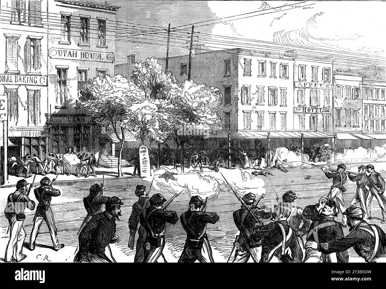 The Irish Orange Riots a New York, 1871. "Il 12 luglio, l'anniversario di un grande evento storico in Irlanda, che i protestanti e i cattolici dell'Ulster sono stati troppo propensi a celebrare con reciproco spargimento di sangue, è stato mantenuto quest'anno a New York allo stesso modo. C'è stata una trionfante processione militante di Orangemen irlandese, sorvegliato da soldati e polizia armata. I cattolici irlandesi, o i Feniani, si incontrarono e attaccarono la processione... più di ottanta persone furono uccise, di cui una mezza dozzina erano poliziotti... con circa il doppio dei feriti... grandi masse si radunarono e tre reggimenti di truppe Foto Stock