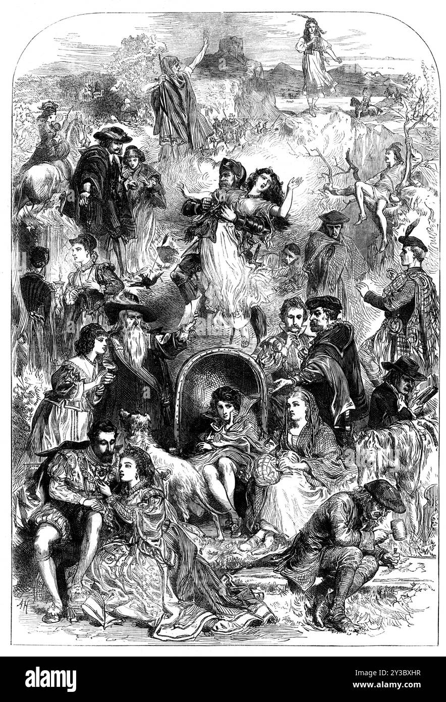 The Scott Centenary: A Dream of the Waverley Novels, 1871. Sketch che '... probabilmente non richiederà di essere spiegato agli innumerevoli lettori delle meravigliose storie di Sir Walter Scott. Non avranno difficoltà a identificare tutti i personaggi o le figure qui rappresentate... Amy Robsart, o meglio Amy Dudley, affettuosamente appoggiata al marito... è vista in primo piano. È in contrasto con "Old Mortality", l'entusiasta preserva delle iscrizioni in pietra tombale, che vaga nei cimiteri di campagna... Jeanie Deans, la migliore e più coraggiosa delle giovani donne scozzesi, che si trova sulla sua strada da Edin Foto Stock