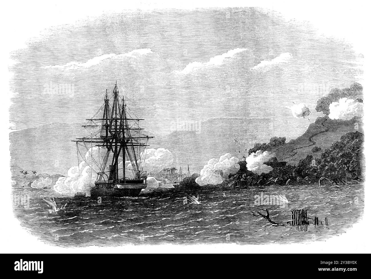 H.M.S. Rinaldo bombardò Salangore, nello stretto di Malacca, 1871. Nave da guerra della Royal Navy a '...Salangore,...una città situata alla foce del fiume che porta lo stesso nome, nella penisola malese...la collina sulla destra, che domina la città e difende il fiume, è...sormontata da un forte di terra...la bassa collina alla foce del fiume è coronata da un altro forte terrestre...più vicino all'acqua, c'è una batteria di terra, che monta sette cannoni, che sono 32 libbre. La salita a questi forti è estremamente ripida e robusta; sono quindi capaci di una resistenza molto forte... la causa di questo Foto Stock