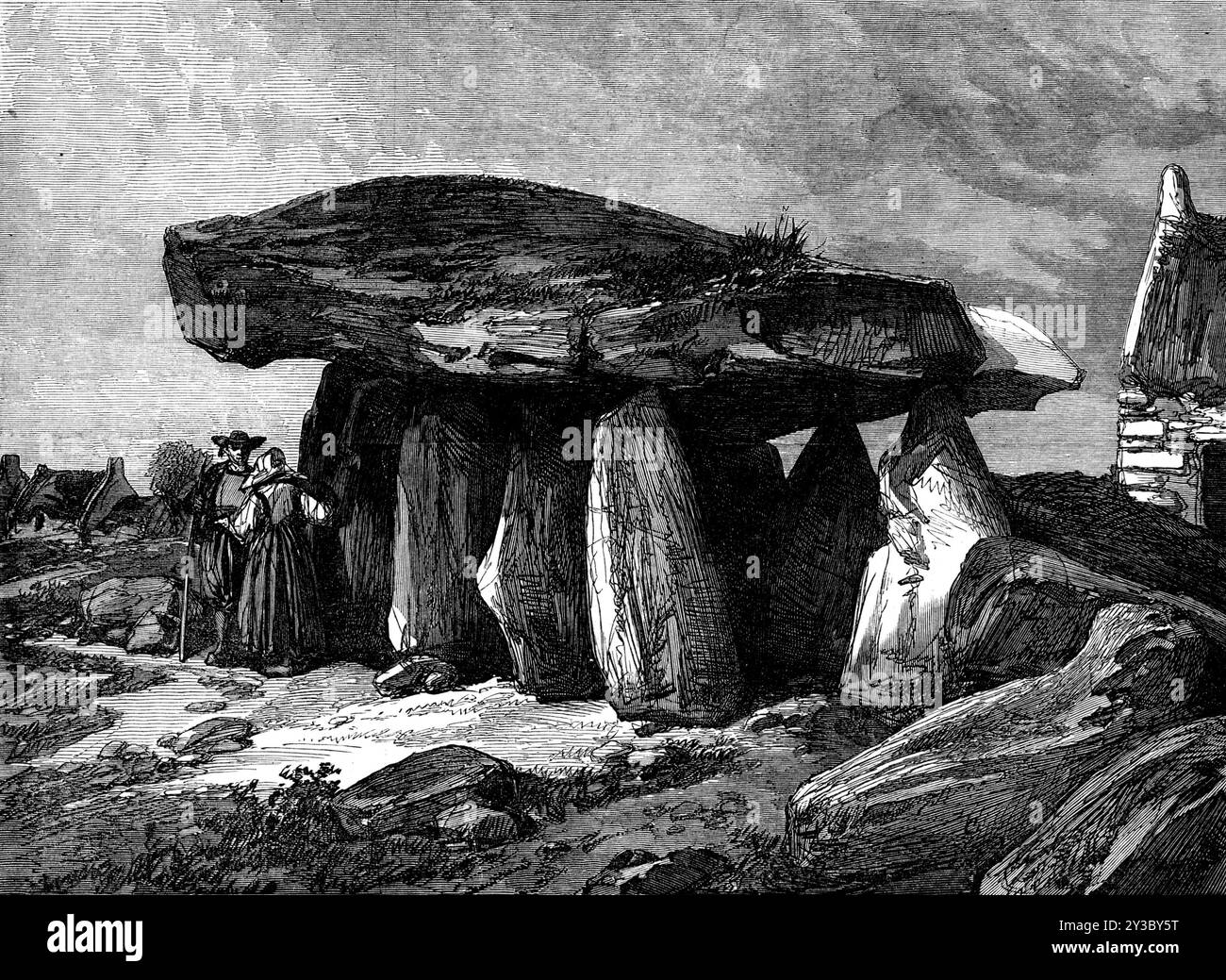 Resti druidici della Bretagna: The Great Dolmen of Corconne, 1871. Sito antico nel nord della Francia. La forma di struttura chiamata cromlech o kist-vaen, che è più o meno la stessa di quello che viene chiamato dolmen in Bretagna, consiste di quattro pietre, disposte in modo da costruire una camera aperta su un lato, ma chiusa in cima. Questi sembrano essere stati costruiti per sepolcri, ed è probabile che fossero coperti di terra accumulata, per creare un alto tumulo o tumulo. Gallerie che collegano una di queste camere con un'altra, come le catacombe sotterranee, potrebbero essere state realizzate sotto la riva artificialmente rialzata di Foto Stock