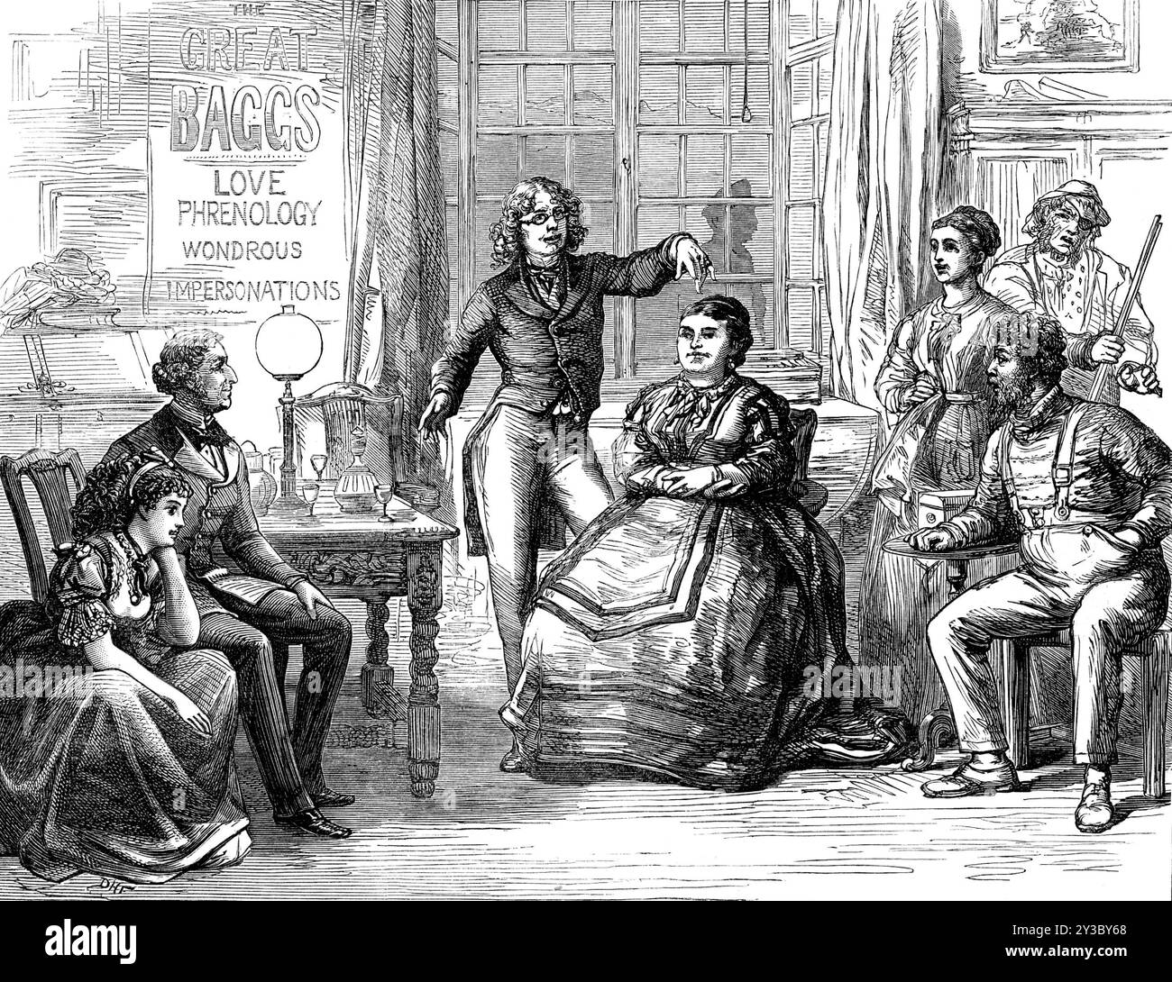 Scena da "Apple Blossoms", al Vaudeville Theatre: The Great Baggs lecturing, 1871. Spettacolo teatrale di Londra. 'Molte polemiche hanno prevalso se i grandi Baggs debbano continuare a prendere parte a "Apple-Blossoms". Evidentemente scritto per Mr. Thomas Thorne, è stato senza dubbio introdotto nel dramma con una relazione non eccessiva con la trama generale; tuttavia, la sua concezione era un carattere genuino, e uno ben riconosciuto tra la professione degli intrattenitori, che in questi giorni ha acquisito un'indebita importanza. Nella scena davanti a noi l'irrefrenabile ciarlatano sta dando lezioni Foto Stock