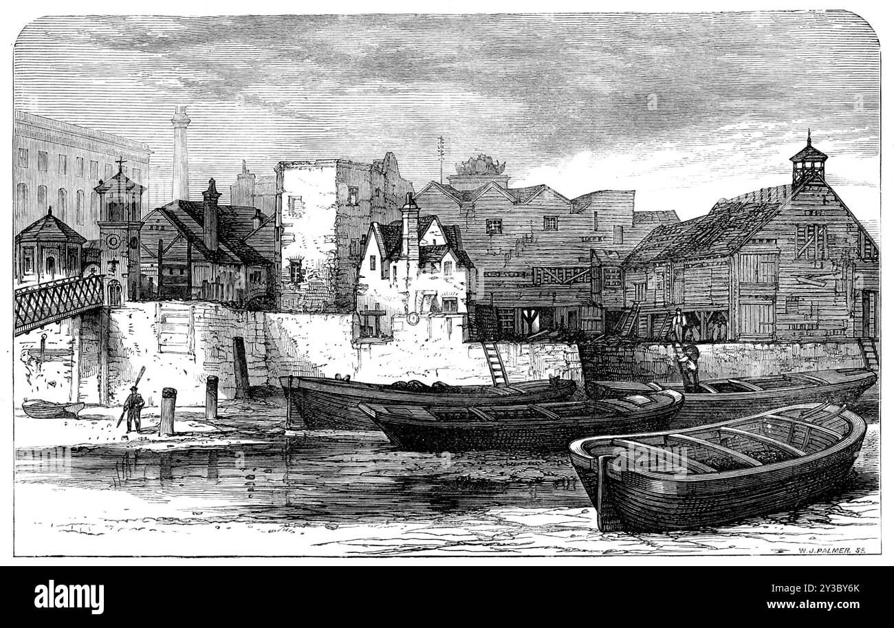Vecchie case a Nine-Elms, Lambeth, [sud di Londra], 1871. "Le sponde del Tamigi... hanno subito una meravigliosa trasformazione... è sul lato del Surrey, e solo in parti meno migliorate o modernizzate di Lambeth e Southwark, o forse a Rotherhithe, che possiamo ancora trovare alcuni curiosi esempi del vecchio stile edilizio, con le strutture superiori in legno proiettate, come le capanne di poppa di navi antiche, i balconi sostenuti da paletti, e i tetti a spioventi, che erano così comuni. La casa sembra corteggiare l'aria pesante e umida del fiume, e pendere sul suo viscido orlo fino a p Foto Stock
