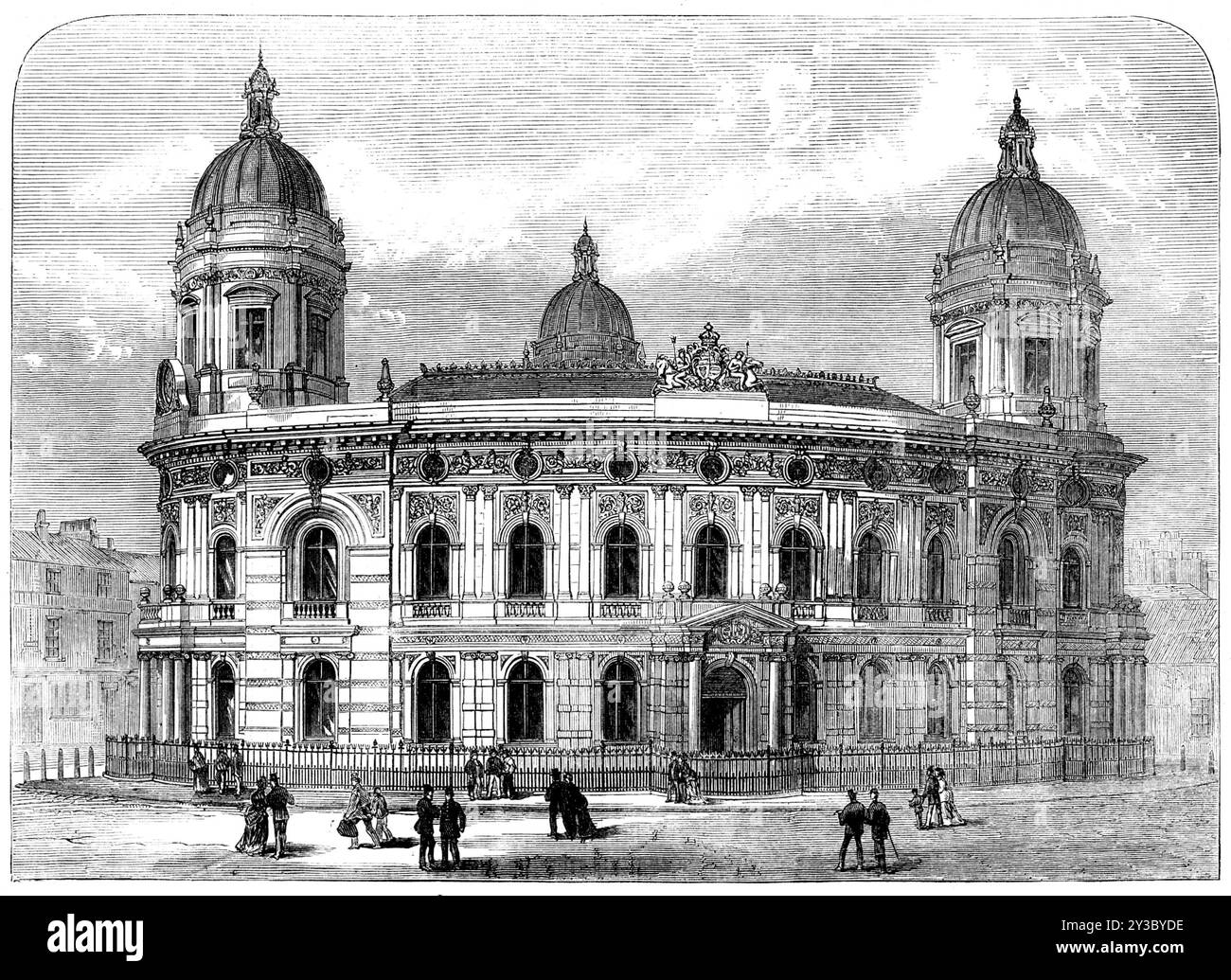 I nuovi uffici portuali, Hull, 1871. Incisione da una fotografia dei signori W. J. Wellsted e Son. "Il nuovo edificio sorge su un sito che si affaccia su tre strade - verso Junction-Street, New Cross-Street e Queen's Dock... lo stile dell'architettura è italiano, di tipo veneziano. I tre fronti sono simili; ciascuno costruito in pietra, con una gamma di pilastri ionici accoppiati sotto e di pilastri corinzi sopra. Il frontone sopra il portico d'ingresso principale, in Junction-Street, è adornato con sculture che rappresentano le figure del commercio e della prosperità e il dio del fiume Humber, e le braccia di Th Foto Stock