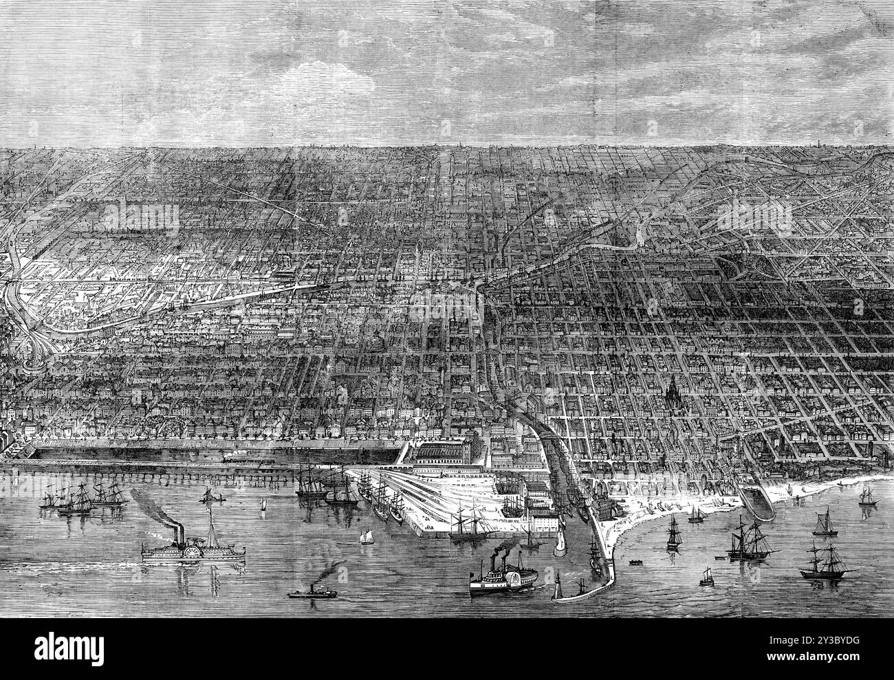 The Great Fire at Chicago: Vista dall'alto della città, 1871. La città... conteneva, fino al fuoco, una popolazione di 300.000 anime. Aveva il più grande commercio di esportazione di grano e altre provviste, ed era il luogo più vivace di attività mercantile in tutto il continente... si stima che 70.000 persone siano private del riparo delle loro case. Nell'incendio sono state perse almeno 250 vite... anche la perdita di navi deve essere stata immensa, in quanto il corso dell'incendio ha tagliato ogni possibilità di fuga nel lago. Sul lato sud i depositi dell'Illinois Central, Michigan Central, Chicago, Bur Foto Stock