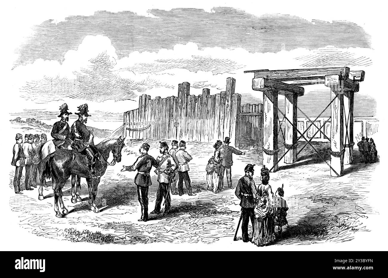 Operazioni d'assedio a Chatham: stockade si preparò a far esplodere con cotone-pistola e polvere, 1871. Addestramento dell'esercito britannico. Illustrazione di '...il soffio di una palizzata, sparando sacchi di polvere da sparo e torte di cotone-pistola contro di essa...la palizzata era una barriera lunga otto metri, costruita con pali di legno, dodici pollici quadrati, saldamente piantata nel terreno. Si trattava di una singola riserva, la linea posteriore di legname era solo per evitare lesioni al muro del cantiere dietro di essa. C'era un cannone di cotone, per una quantità di 10 libbre, sotto forma di bacchette circolari, ciascuno di 2¾ in. di diametro e 1¾ in, in t Foto Stock
