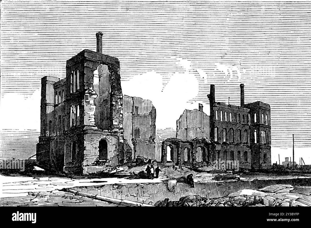 Rovine di Chicago dopo l'incendio: Michigan Railway Southern Depot, 1871. Incisione da una fotografia. L'ammontare totale delle perdite per le compagnie assicurative era stimato a sessanta milioni di dollari... la quantità di grano bruciato era di 1.600.000 staia, lasciando 5.000.000 staia, in undici magazzini, ancora intatti. Metà delle scorte di maiale e farina furono distrutte, e una grande quantità di legname, carbone, pelle, generi alimentari e vestiti. Si stima che "la città abbia subito una perdita del tutto non inferiore al 20 per cento, o superiore al 25 per cento, sui suoi beni totali, reali e personali Foto Stock