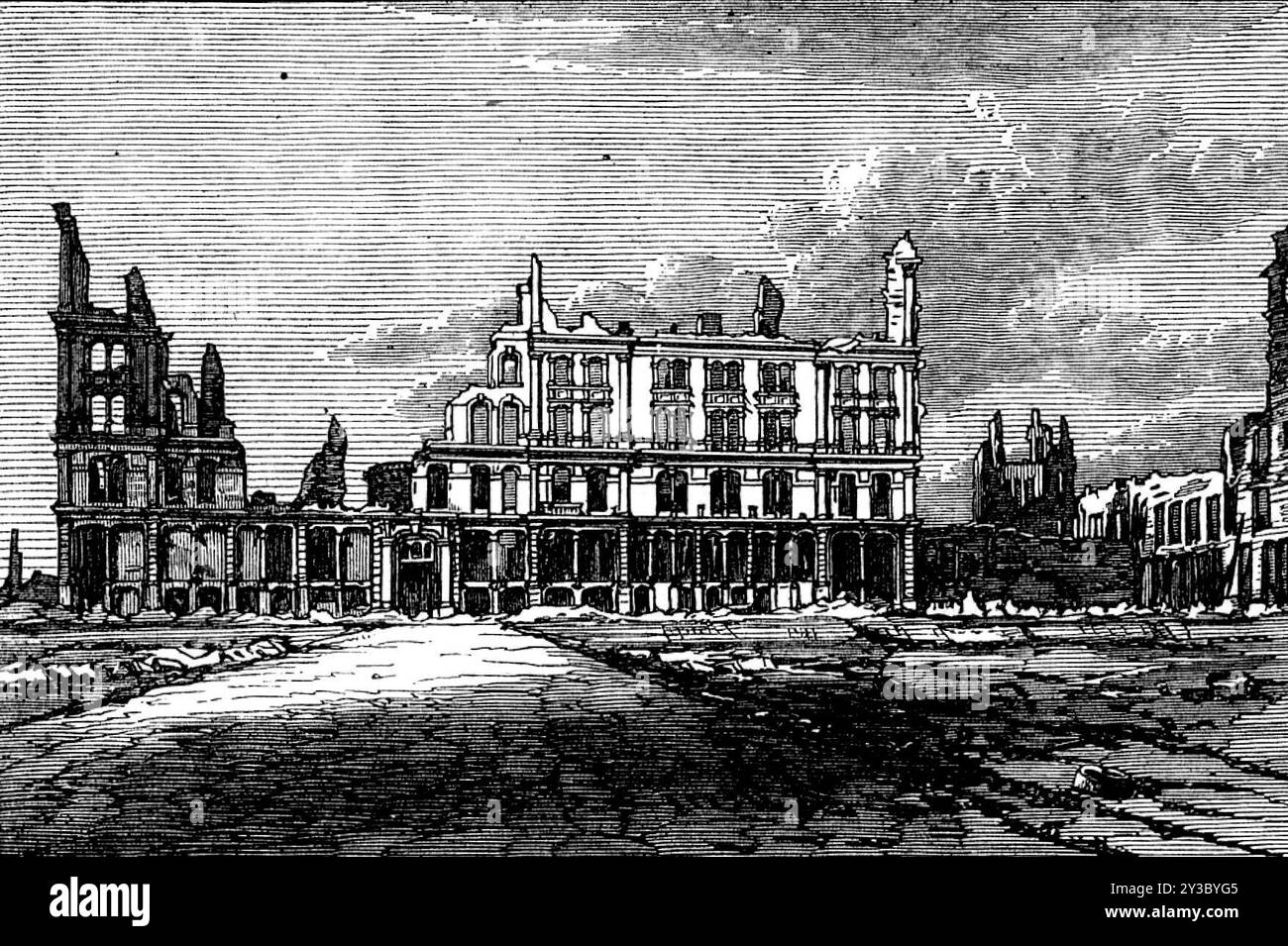 Rovine di Chicago dopo l'incendio: Pacific Hotel, 1871. Incisione da una fotografia. L'ammontare totale delle perdite per le compagnie assicurative era stimato a sessanta milioni di dollari... la quantità di grano bruciato era di 1.600.000 staia, lasciando 5.000.000 staia, in undici magazzini, ancora intatti. Metà delle scorte di maiale e farina furono distrutte, e una grande quantità di legname, carbone, pelle, generi alimentari e vestiti. Si stima che "la città abbia subito una perdita del tutto non inferiore al 20 per cento, o superiore al 25 per cento, sul suo patrimonio totale, reale e personale". Da &quo Foto Stock