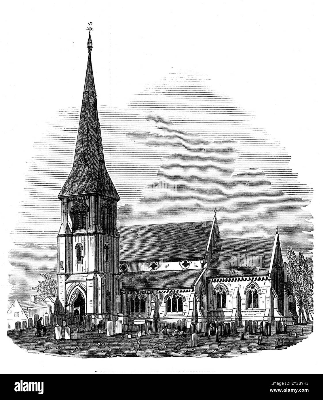 Fosdyke Church, Lincolnshire, 1871. C'era in origine un'antica chiesa qui, di pietra di Barnack. Ma questo, nella prima parte del secolo scorso, è stato succeduto da una di quelle strutture in mattoni poco attraenti che appartenevano all'era georgiana. Beridge ha dato £8000 per sostituire quell'edificio con l'elegante nuova chiesa di recente apertura. È la terza chiesa che, negli ultimi anni, ha dovuto la sua costruzione o l'intero restauro alla generosità di un uomo, che ha dedicato una somma di poco meno di £25.000 a questi oggetti. La nuova chiesa di Fosdyke è un bell'edificio, Foto Stock