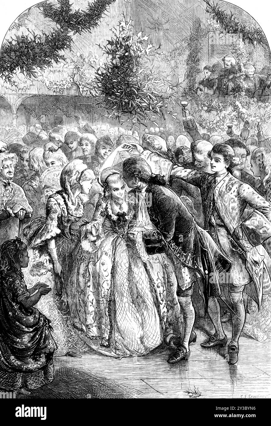 A Christmas Dance molto tempo fa, disegnata da C. J. Staniland, 1871 anni. Il Natale è la stagione di tutti i passatempi alla vecchia maniera. L'antiquata danza di campagna, in cui un gruppo di giovani, vestiti con l'abbigliamento di centocinquanta anni fa, si disprezzano con tanta schiettezza e inalterata, è una scena piacevole...il costume del periodo qui mostrato appartiene alla generazione più giovane dei contemporanei del buon cavaliere, sulla fine del regno della regina Anna, o all'inizio dei tempi di Giorgio I. le gonne broccate e gli stomaceroni, le scarpe dai tacco alti, il nastro delicatamente legato Foto Stock