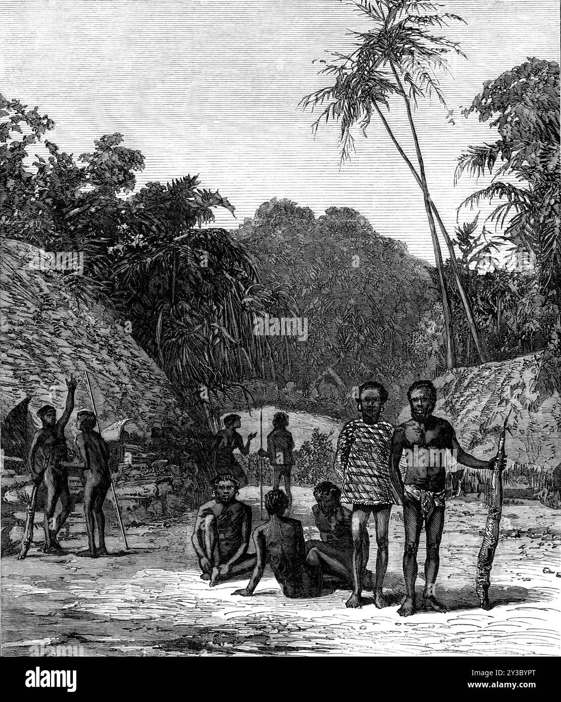 Scena dell'omicidio del vescovo Patteson, Santa Cruz, Oceano Pacifico, 1871. Oltre a '...la notizia scioccante dell'omicidio del vescovo Coleridge Patteson e di un altro missionario inglese da parte dei selvaggi... Santa Cruz è una delle Isole Ebridi del Nord... [che] sono comprese nella Chiesa Missionaria inglese Diocesi di Melanesia, ma non appartengono all'Impero britannico, o a qualsiasi Stato civile. Si afferma che i nativi sono spesso rapiti da navi impegnate in un commercio clandestino di schiavi e vengono portati, contro la loro volontà, al lavoro forzato nelle piantagioni di zucchero e cotone delle Figi, Foto Stock