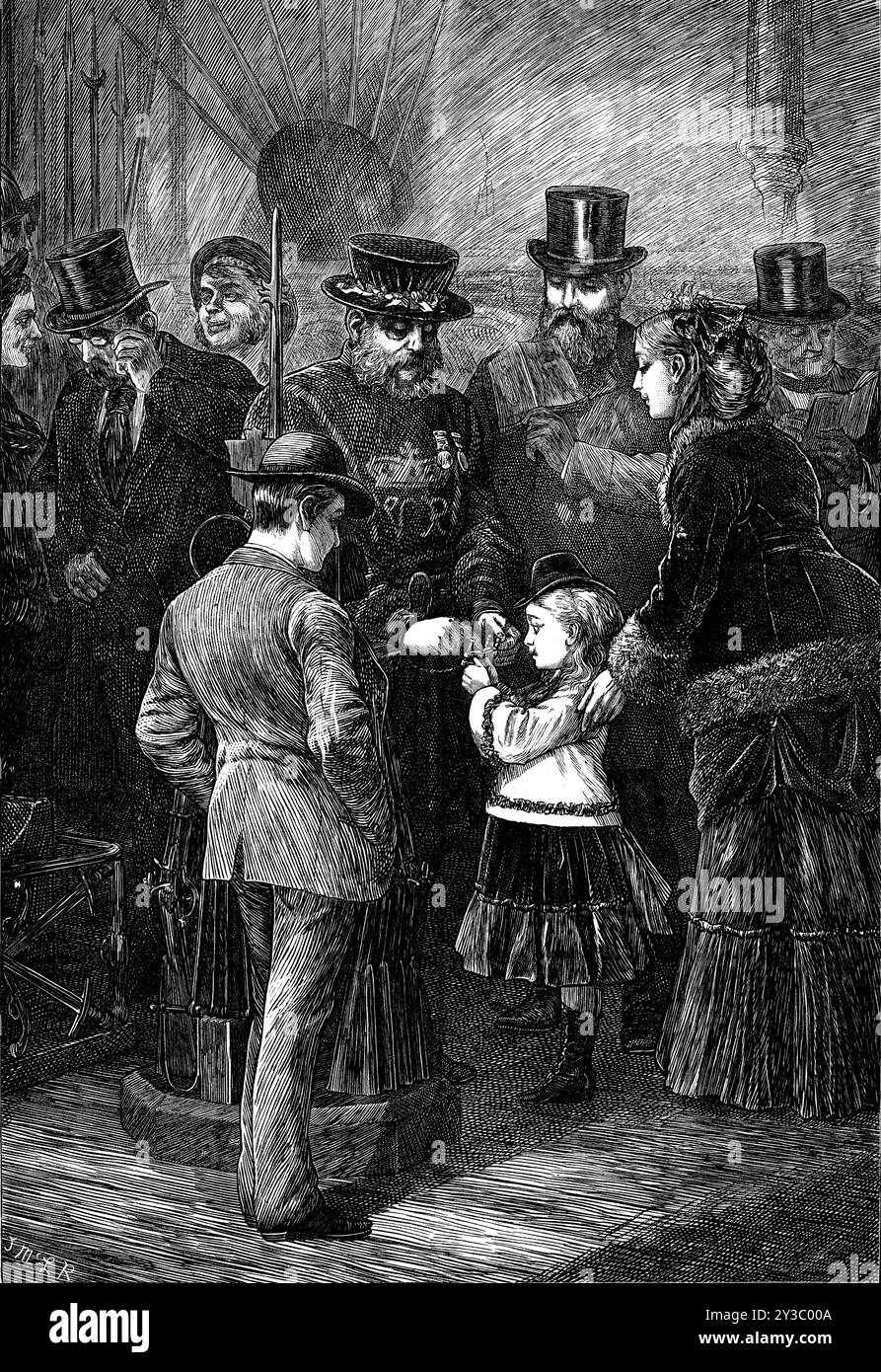 Luoghi di vacanza: La tortura nella Torre di sua Maestà, 1871. Beefeater mostra le viti a testa zigrinata nella Torre di Londra. "...la parte più interessante, oltre che la più antica, della fortezza è il mastio, solitamente chiamato Torre Bianca... figure montate in armatura,...armi da fuoco,...trofei e dispositivi emblematici, composti di armi, sulle pareti e sui soffitti. Ma, ah! cosa abbiamo qui? Antichi strumenti di tortura e punizione - viti a testa zigrinata e altri dispositivi delicati, con i quali i prigionieri contumaci venivano resi flessibili, e la verità o la falsità... venivano strappati dai saccheggi Foto Stock