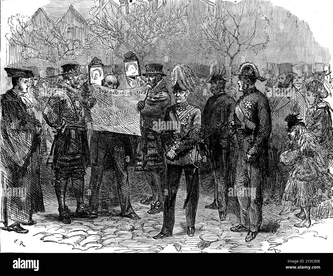 Installazione del nuovo Conestabile della Torre [di Londra], 1871. Il feldmaresciallo Sir George Pollock era... debitamente installato come tenente della Torre e governatore del palazzo reale e della fortezza... la cerimonia si svolse nel verde della torre.. I guardiani degli yeomen [sic] furono poi formati a semicerchio,...sembravano allegramente storici nelle loro antiche livree, e supportavano i loro formidabili halbert... Mr. Richards, il vice coroner, lesse il brevetto della regina nominando Sir George Pollock Custos Rotulorum e Lord Luogotenente dei Tower Hamlets. Il signor Ratcliff ha poi letto la nomina di Sir George come Gove Foto Stock