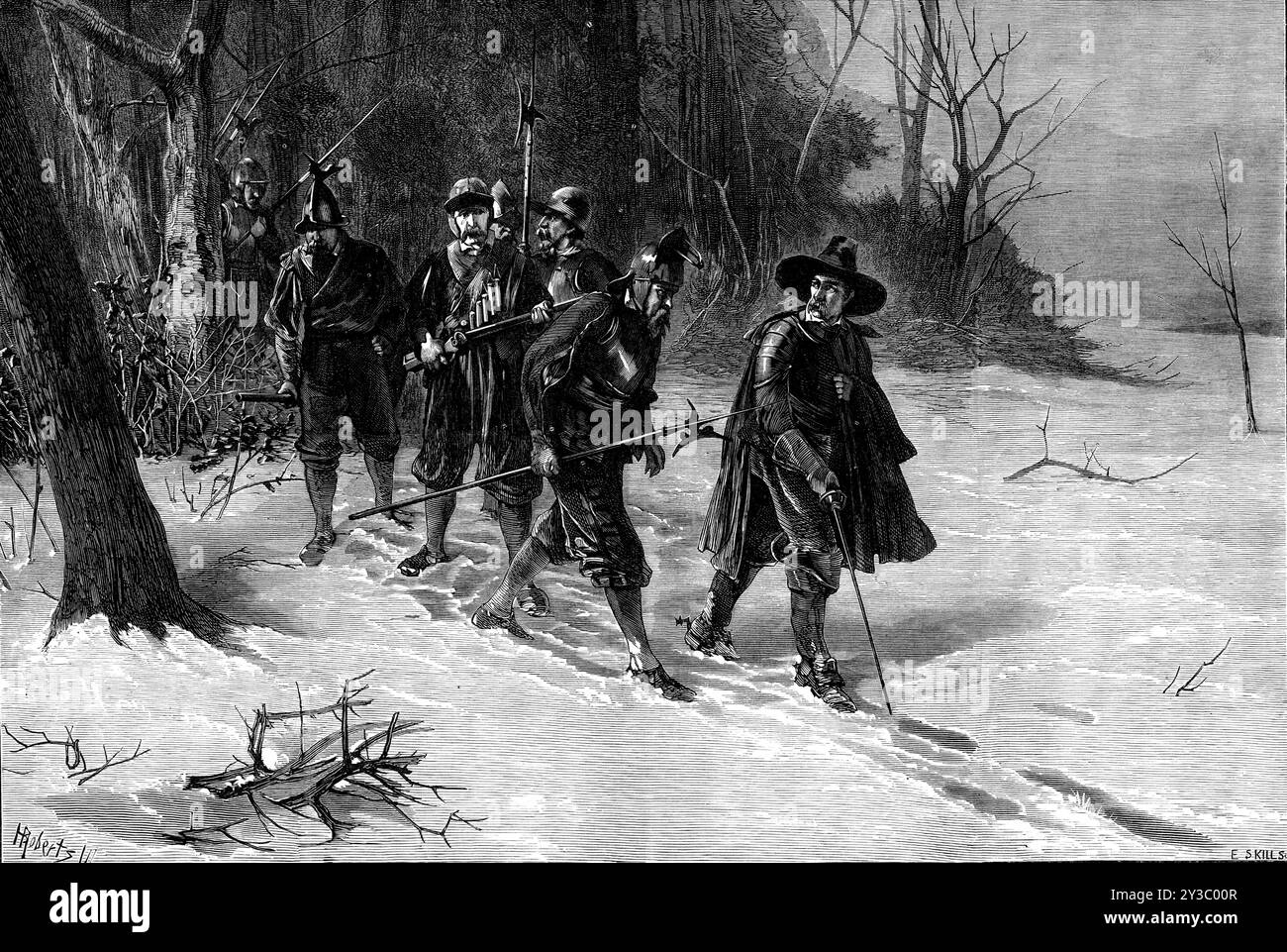 On the Track, di H. B. Roberts, 1871. Incisione di un dipinto. "Gli uomini con un'immagine di poppa nella mezza armatura del XVII secolo, le breastplate e le gole d'acciaio sopra il loro robusto buff jerkins, e le morse d'acciaio, invece di caschi con visir chiuse, sulla testa, possono essere presi per un gruppo di truppe di Cromwell nella guerra civile inglese, distaccati per un servizio di momento speciale questa notte d'inverno. Forse intercetteranno un convoglio realista di provviste o di tesori, per assicurare la persona di un nobile influente in viaggio per incontrare re Carlo, o per sorprendere l'uomo Foto Stock