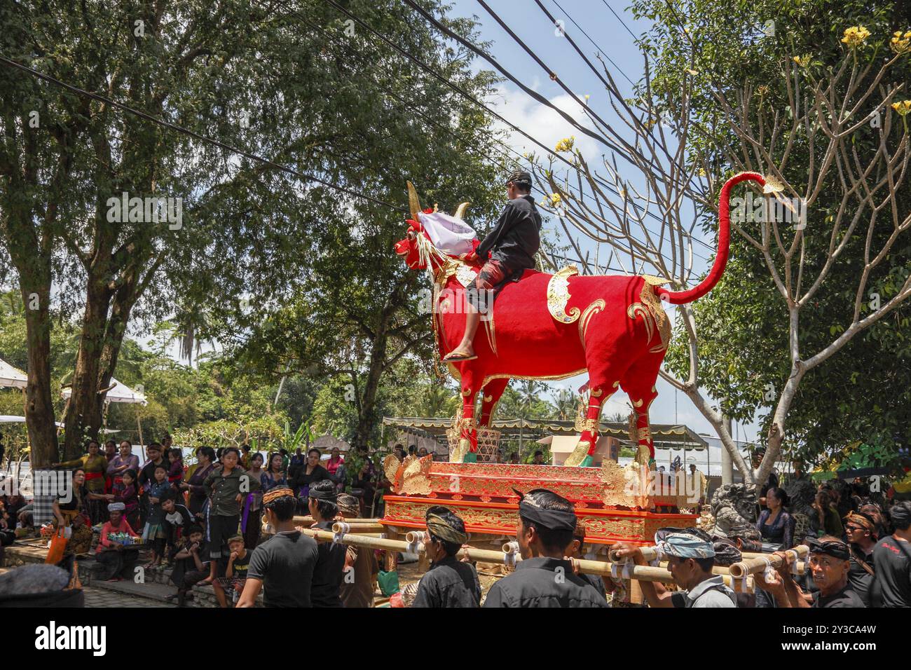 Un ragazzo siede su un toro, sulla strada per il sito di cremazione, in un ngaben (cremazione di cadaveri), Ubud, Bali, Indonesia, Asia Foto Stock