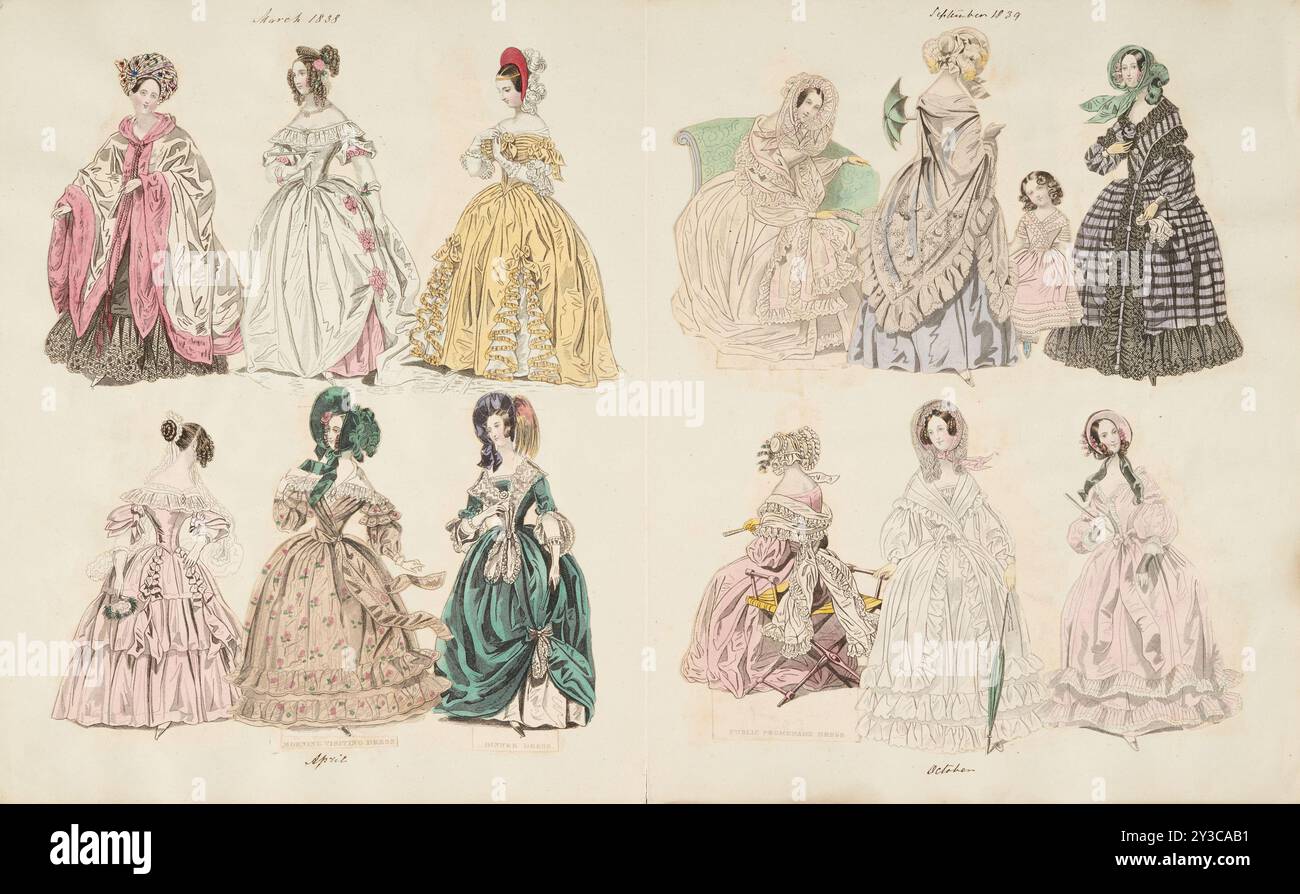 Piatti del costume, 1838-1839. (In alto a sinistra:) marzo 1838; (in basso a sinistra:) aprile - abito da visita mattutino, abito da cena; (in alto a destra:) settembre 1839; (in basso a destra:) ottobre - abito da passeggiata pubblico. Foto Stock